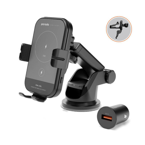 Fast Fix Store - PORODO 3 IN 1 DUALL COIL CAR CHARGER MOUNT QC3.0 WITH FAST WIRELESS CHARGER 15W - BLACK - Rotating Joints . 360 Rotation . Extendable . Fast Wireless Charging