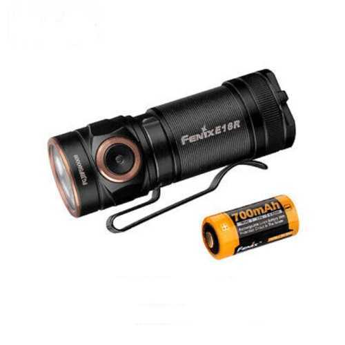 The Fenix E18R rechargeable super flashlight 750 lm - Product description Fenix E18RThe Fenix E18R is an ultra-compact EDC (every day carry) flashlight with outstanding performance. Powered by one 16340 Li-ion battery, it emits a maximum of 750 lumens a distance of 446ft (136m). This great looking flashlight is tough and made of durable high-strength, oxidation-resistant aluminum and has an ultra-thin optical lens processed with the same coating as automobile lights. Features four brightness levels plus strobe and a battery level indicator accessed by the stainless steel side switch. At only 2.4″ long, this light is a must-have for outdoor activities, repair work and the demands of daily life.


Features:

- Cree XP-L HI LED with a lifespan of 50,000 hours
- Max output of 750 lumens and beam distance of 446ft (136m)
- Powered by one ARB-L16-700P power Li-ion battery, or CR123A Lithium battery in emergency
- Magnetic charging in the neck, specialized magnetic charging cable and one included ARB-L16-700P power Li-ion battery
- Featuring lockout function and multiple ways to avoid accidental activation
- Battery level indication
- Automobile optical lens coating process
- Side switch for one-switch control
- Magnetic tail
- Reverse polarity protection to protect from improper battery insertion
- Intelligent overheat protection
- Low-voltage warning reminds when battery charging is needed
- Digitally regulated output maintains constant brightness
- Made of durable high-strength and oxidation-resistance aluminum
- Premium type HAIII hard-anodized anti-abrasive finish


Specifications:

- Length: 2.4” (60mm)
- Diameter: 0.8” (20mm)
- Head: 0.8” (21mm)
- Weight: 1.17 oz. (33.3g) excluding battery
- Battery (included): ARB-L16-700P Li-ion battery
- Included: ARB-L16-700P Li-ion battery, magnetic charging cable, lanyard, spare O-ring, key ring, body clip