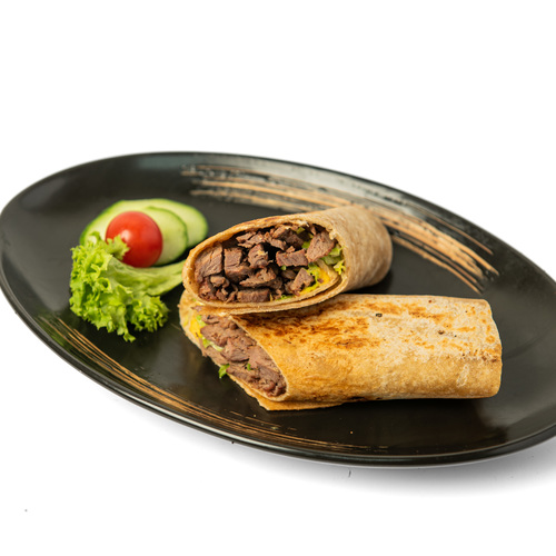 Beef wrap - Tortilla bread, beef , parsley served with sauce pickles, , protein 41,
carb 55, fat 19, Cal 501