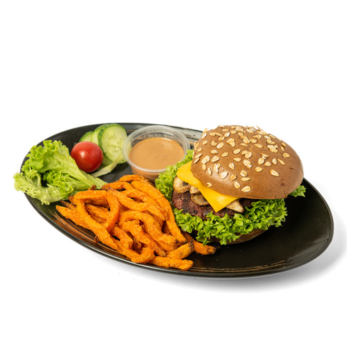 Mushrooms burger - 1 burger: 330 calories, 13g fat (5g saturated fat), 121mg cholesterol, 736mg sodium, 42g carbohydrate (4g sugars, 5g fiber), 14g protein. Diabetic Exchanges: 3 starch, 1 medium-fat meat, 1/2 fat.