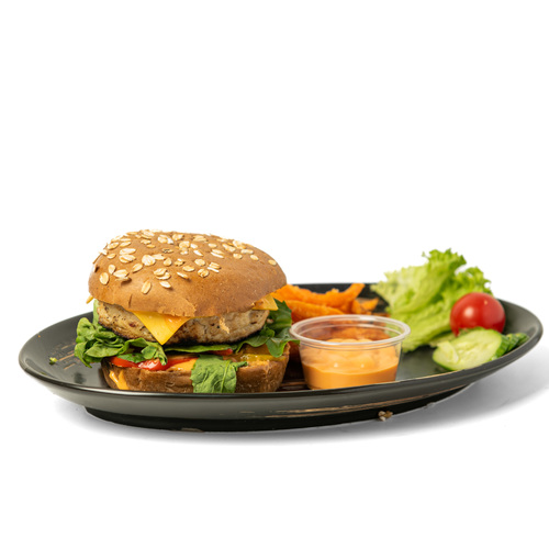 Chicken Burger - 1
Chicken Patty, Cheese, Rocca, 1 Lite slice mix capsicum, sweet potato. Protein 29
Carb 69 Fat 19 Cal 512