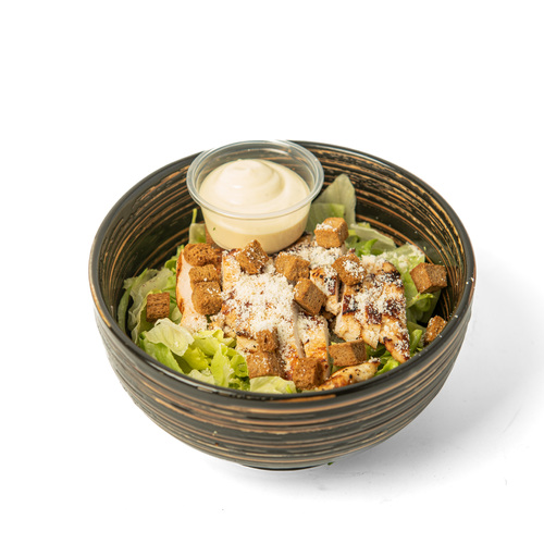 Cheeser Salad - grilled chicken, Romaine
Lettuce, Caesar Dressing, Parmesan Cheese, and Croutons, carb 8. fat 19,pro 55,cal 485