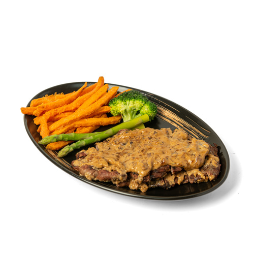 TERIYAKI STEAK - 150g  marinated tenderloin beef. teriyaki sauce. Protein 40 Carb 76 Fat 31 Cal 599