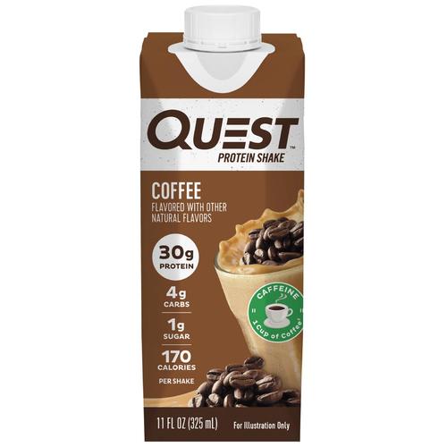 Quest protein shake coffee - سعرة حرارية، بروتين 30 جرام، كربوهيدرات 4 جرام، سكر 1 جرام.
