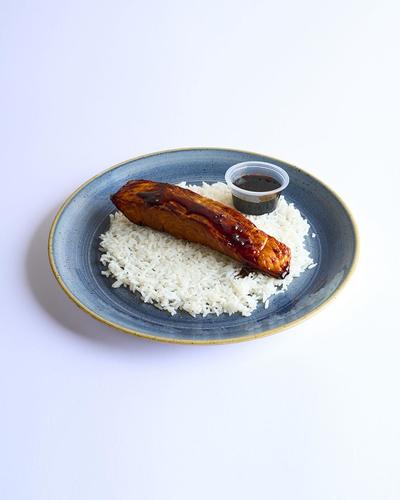 Teriyaki Salmon - Calories 574 , Protein 39g , Carb 55g , Fat 19g .