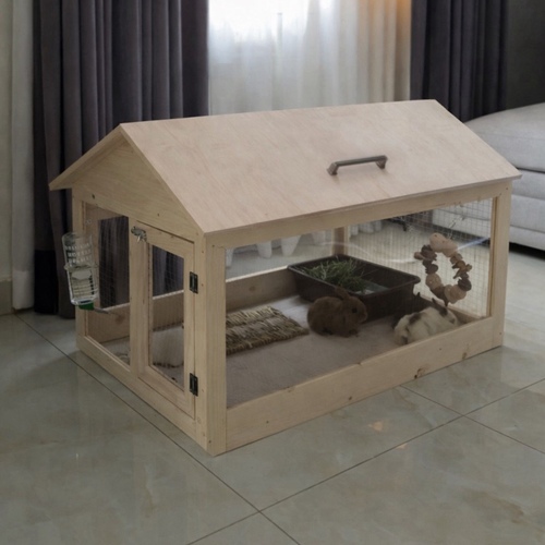 The Perfect Home for Your Rabbit - A carefully designed wooden house that provides your pet with a safe and comfortable indoor environment. It allows your rabbit to play and relax freely, with a practical design that makes daily cleaning and monitoring easy.  • Spacious interior suitable for free movement • Large window for easy cleaning • Clear acrylic front panel for full visibility • Top opening roof with handle for easy access • Made from 100% natural wood Dimensions: Length: 1 m × Width: 70 cm × Height: 75 cm Suitable for rabbits and guinea pigs.