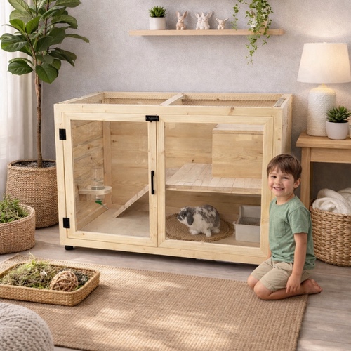 Double-Level Rabbit Hutch - A spacious and elegantly designed wooden rabbit home that blends beautifully with indoor décor while providing a safe and comfortable living space for your bunny.
Dimensions:
Length: 122 cm
Width: 70 cm
Height: 93 cm
Designed with two levels to encourage movement and natural activity, this hutch comfortably accommodates up to two adult rabbits. It includes a cozy enclosed sleeping house for privacy, along with a built-in ramp for easy access between levels.
The front acrylic panel offers clear visibility and a modern finish, while the ventilated mesh roof ensures proper airflow and continuous air circulation. A water bottle is included for added convenience.
A perfect balance of luxury, functionality, and comfort — thoughtfully crafted for your rabbit’s wellbeing 🤍🐰