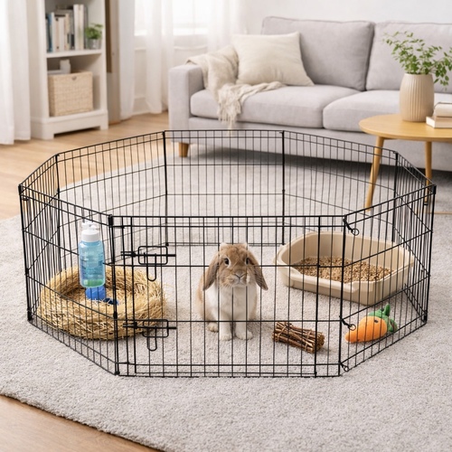 rabbit playpen - High-quality black metal mesh, specially designed to provide a safe and comfortable space for rabbits
Built with strong and durable materials, featuring a practical design that allows proper ventilation and easy cleaning, making it ideal for everyday indoor use.


Dimensions:
Height: 71 cm
Length: 61 cm


Perfect for use as a cage or a temporary play area, and can be easily paired with other rabbit essentials to create a comfortable and secure environment for your pet