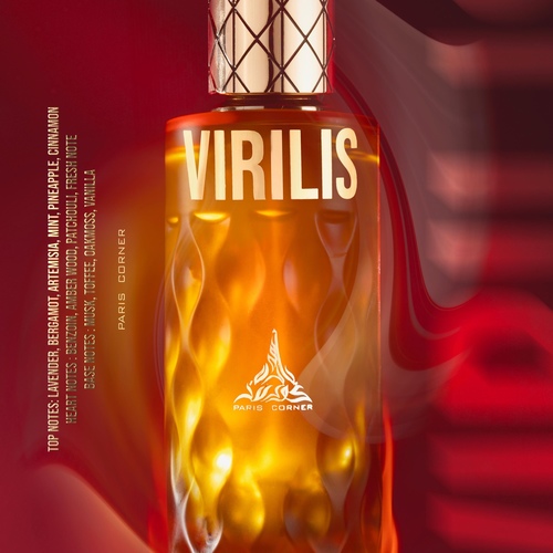 PARIS CORNER VIRILIS 100ml - Fragrance Notes:Top: Orange, Passion Fruit, Bergamont, Cotton Candy Middle: Coffee, Brown Sugar, Heliotrope, Honey, Lily of the Valley Base: Patchouli, Vanilla, Tonka Bean   VIRILIS opens with a fresh and invigorating burst of top notes. The aromatic essence of lavender pairs perfectly with the cool, crisp freshness of mint, creating an energizing and dynamic introduction that immediately commands attention. As the fragrance unfolds, the heart reveals a rich and warm blend of vanilla and benzoin. The smooth sweetness of vanilla is complemented by the resinous, balsamic depth of benzoin, adding a layer of luxurious warmth and complexity to the scent.