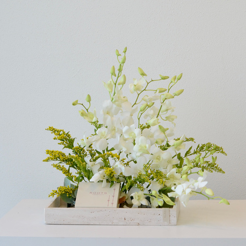 Bridal Baby Orchid - A travertine tray that contains baby orchid flowers and hazelnut truffle chocolates.