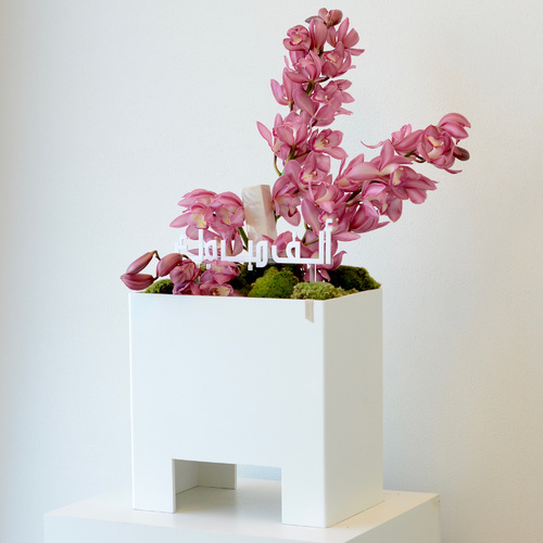 lona - A wooden stand that contains cymbidium flowers with a hair mist.