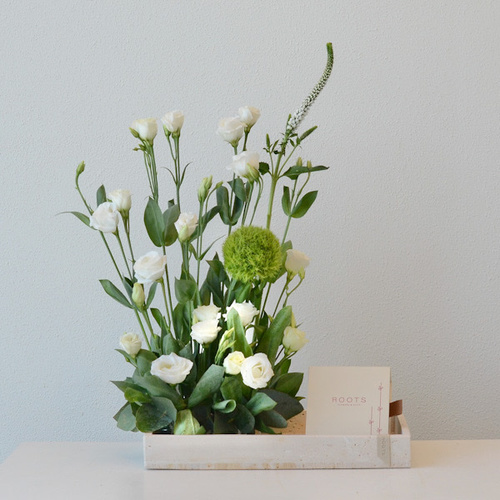 Santa - Travertine tray  fresh flowers  small chocolate box  Hight 40 cm Width 30 cm