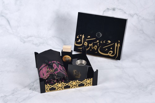 AlGhalia - Perfume 50 ML Incense Vietnamese / Indian Tola Black acrylic mobkhar Soft women's raw material with jacquard 3.5 meters Box eclerc Choose to write on the box Gift card Width 37 cm x Height 10 cm Approx