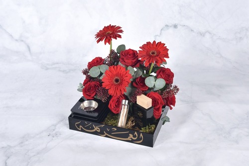 Rose Garden 1 - Perfume 80 ML Vietnamese incense half tola Black acrylic mobkhar Choose to write on the box Gift card Width 30 cm x Height 37 cm Approx