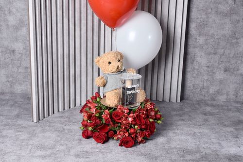 Circle Flowers 3 - Round natural rose Perfume size 30 ML Teddy Bear - Custom balloons Gift card Width 35 cm x Height 40 cm Approx