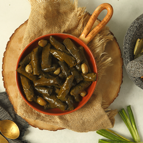 Lokmat Beit - Vine leaves (meat) - Vine leaves stuffed with minced meat and rice cooked with lemon & garlic sauce