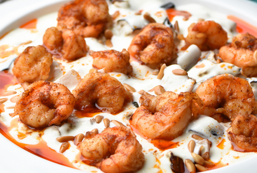 Shrimp Fatteh - Marinated  shrimps , toped with fried bread & yogurt topped with nuts