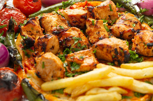 shish tawoook - 3 skewers of chicken tawook with french fries served with biwaz