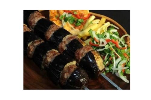 Lokmat Beit - kebab eggplant - 2 skewers Kebab served with eggplant , french fries & biwaz