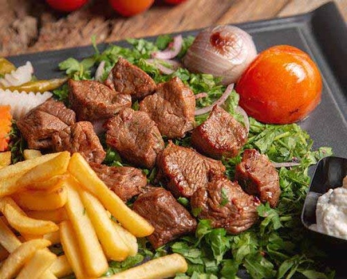 Teka Meat - 3 skewers of grilled meat served with french fries , grilled vegtebles & biwaz