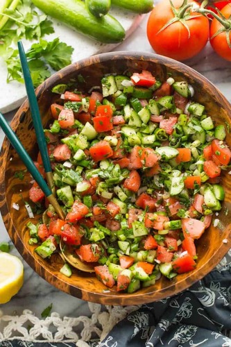 Lokmat Beit - Shirazi Salad - diced tomatoes, cucumbers, red onion,  chopped parsley, dry mint  with lemon& olive dressing