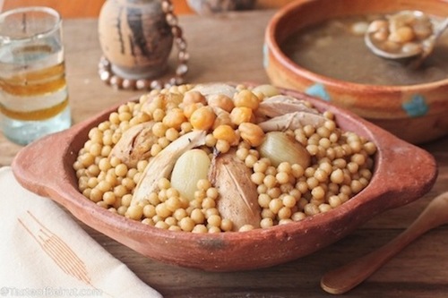 Lokmat Beit - Moghrabieh - Lebanese pearls dough with chick peas , onion & chicken