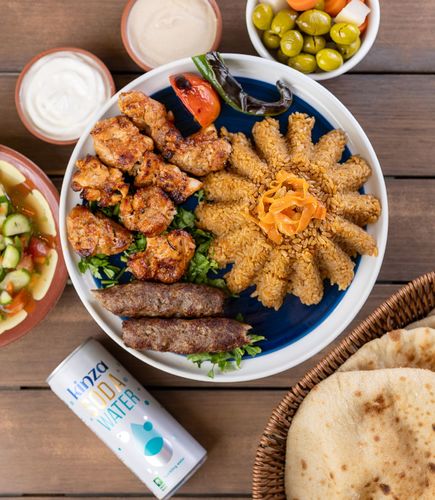 Happiness Meal - 2Tawooq- 1 Kofta-  Spice Rice-Salad- Tahina-Garlic-Kinza-Mixed Pickles