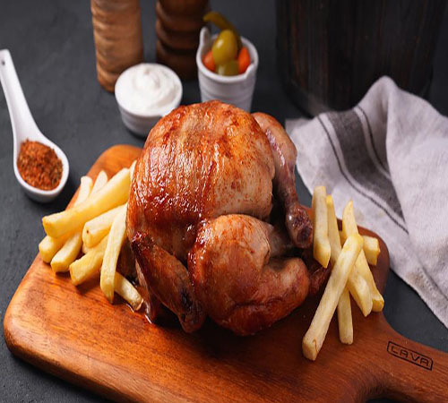 Whole roast chicken - Grilled chicken on gas served with fries, bread, garlic sauce and pickles