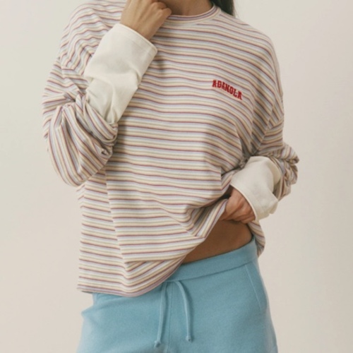 Varsity Knit Roll Hem Stripe Sweatshirt - Marshmallow White