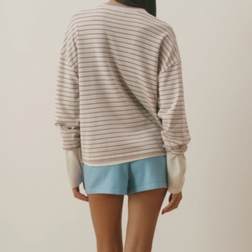 Varsity Knit Roll Hem Stripe Sweatshirt - Marshmallow White