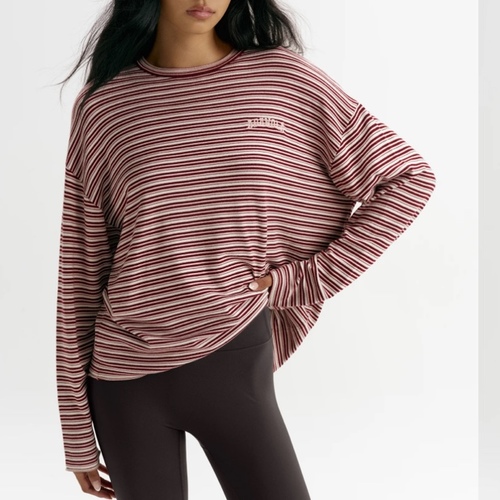 Varsity Knit Roll Hem Stripe Sweatshirt - Damson Red