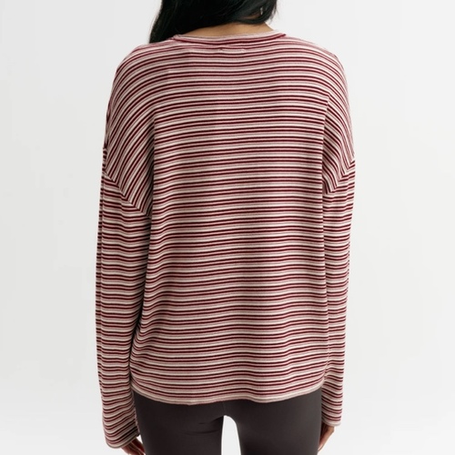 Varsity Knit Roll Hem Stripe Sweatshirt - Damson Red