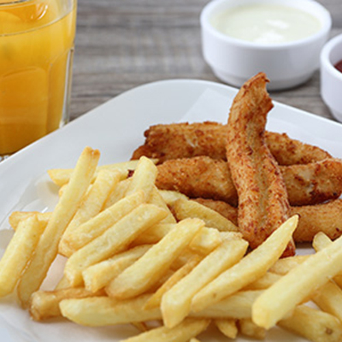 Kids Chicken Strips - 4 pcs of chicken strips served with fries and fresh orange juice.