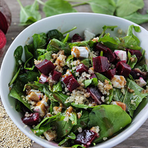 Quinoa Beetroot Salad - Go healthy with our quinoa beetroot salad, rocca leaves, roasted pine nuts ,feta cheese, served with blue berry balsamic dressing.