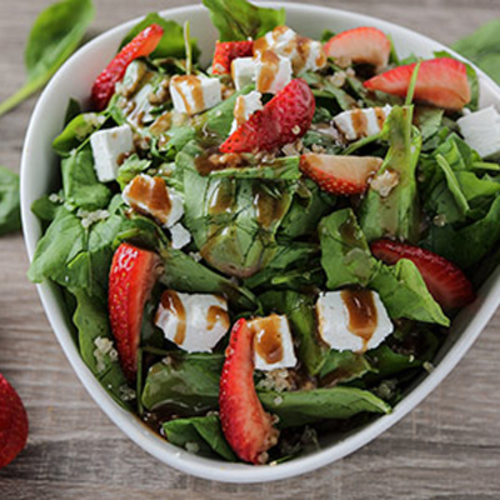 Feta Strawberry Salad - Fresh rocca, pine nuts, fresh strawberry, quinoa w/balsamic vinegar.