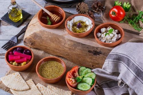 Good Morning - Feta Cheese, Labneh, Honey,  Zaatar , Mixed Olives, Sliced Tomato & Cucumber, White Bread.