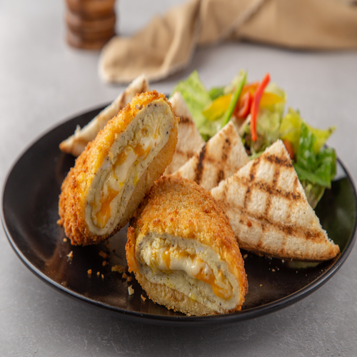 Crispy omelet - Fried breaded omelet with 3 kind of cheese ,  cheddar, mozzarella and parmesan , with side of salad