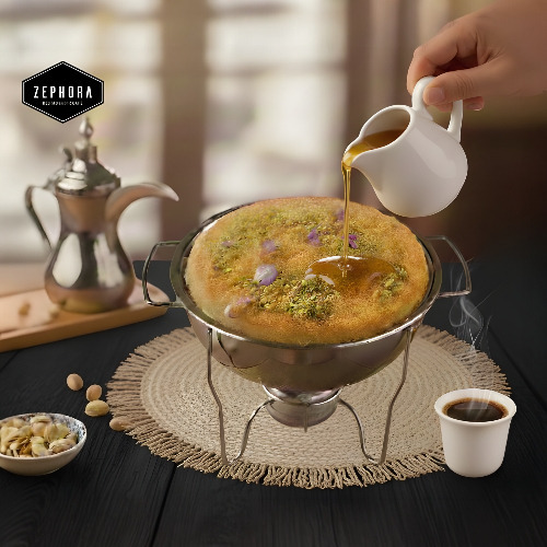 كنافة بالجبنة - كنافة جبن محلية الصنع مع الفستق والمكسرات للتزيين، تقدم مع شراب السكر وقت التحضير : 12 دقيقة