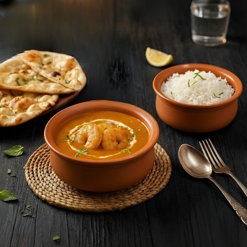 روبيان بالزبدة - روبيان مشوي كريمي بصلصة الزبدة والثوم الغنية مع نكهة الليمون الخفيفة، يقدم مع الأرز الأبيض