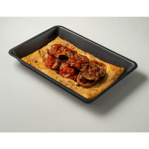 Flatty Moussaka - Consisting of eggplant, potatoes, tomatoes, onions, chain, minced meat and comes with pickles.