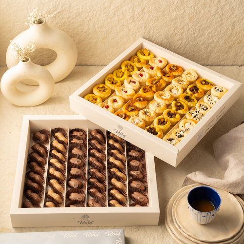 weep Chocolate Offers - عبارة عن بوكس كاكاو ٤٨ قطعه بحشوات مختلفة فول سوداني بالكرمل ، بيكان كاكاو ، كرانشي كاكاو نوتيلا 
مع بوكس فطاير ميني بحشوات مختلفة  مختلفة مشروم مع حلوم ، باذنجان ، لبنة ، زعتر  ، بطاط ، جبن مع رمان ٤٨ قطعه