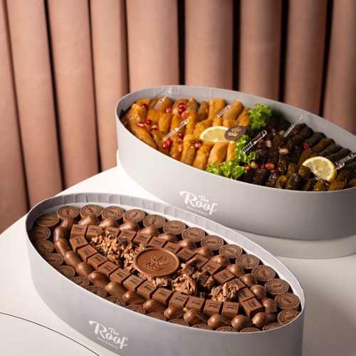 The Roof Boxes Offer 10 - عرض بوكسات ذاروف بتصميم خاص ١٦١ قطعه بحشوات مختلفة برلين بندق ،، بستاشيو كنافة ، كرانشي نوتيلا كاكاو ، ، مكسرات الموند بالكاكاو ، مع بوكس ورق عنب وملفوف ٦٥ قطعه بالليمون والرمان
