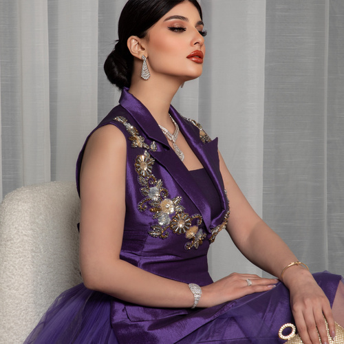 lavander tour jaket - This dress is made from authentic stretch taffeta fabric, adorned with French tulle and detailed with exquisite hand embroidery, adding a touch of luxury and elegance.