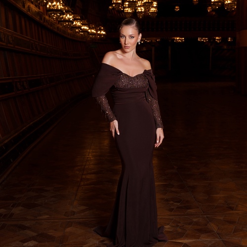 Elegant Brown Dress - Elegant Brown Dress featuring exquisite handcrafted embroidery on the bodice and sleeves. Designed with a body-contouring silhouette and adjustable off-shoulder details for added flexibility and style. Adorned with luxurious chains on the sleeves and chest for a regal and bold look.