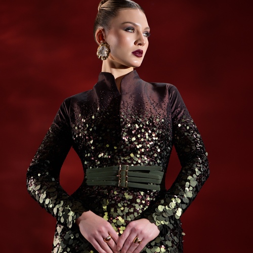 Olive & Cacao Dress - A Turkish stretch taffeta dress in rich brown, paired with an olive crepe skirt in a French cut, detailed with hand-embroidered sequins and elegant crepe belts for a refined, luxurious finish.Size her &nbsp;BWHL