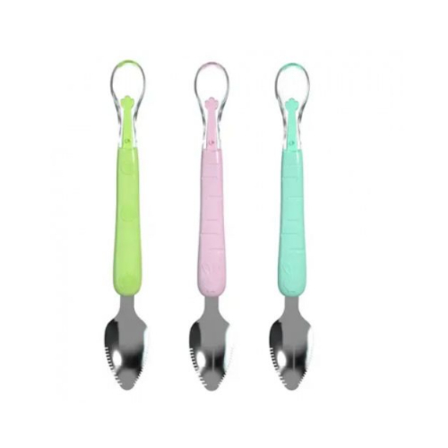 Double-Sided Spatula - Double-sided spatula Available in blue, pink and green
Double silicone spatula.
- a scraper for mashing fruits for children,
food scraper,
- two stainless steel heads for children,