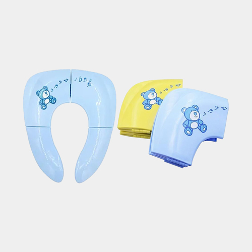 Folding toilet seat. - Colors: Yellow - Blue - Pink Foldable and lightweight Useful for travel Compact size Comes with two non-slip pads And foldable feet at the bottom for added stability Suitable for most toilets Made of high-quality materials Non-toxic and durable for use