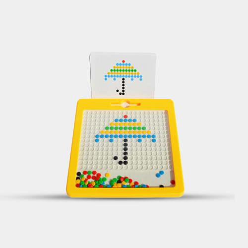 Game of Dots - Children can be taught how to hold a pen correctly. Drawing board with 7 cards and 14 patterns. Magnetic beads enclosed inside the board. The child can draw, use their imagination, and create their own designs. Lightweight. Convenient size to be placed in a backpack.