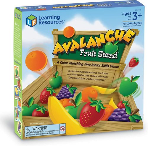 Avalanche Fruit Stand - Develops fine motor skills, especially the all-important pincer grasp that prepares children for handwriting. Reinforces color and fruit vocabulary Perfect for teachers, specialists and occupational therapists Set includes 40 fruit counters, 2 tweezers, picture spinner, and adjustable cardboard stand.