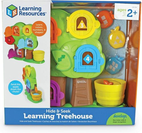 Hide & Seek Learning Treehouse - Interactive hide and seek activity set will develop a variety of key early skills from ages 2+ Opening the doors and hiding the apples will develop fine motor skills Colour and number coordinated apples and doors will build early recognition skills Behind each door hides a different woodland animals for “where is the….?” hide and seek fun Includes multilingual packaging. Treehouse measures approx. 30cm H